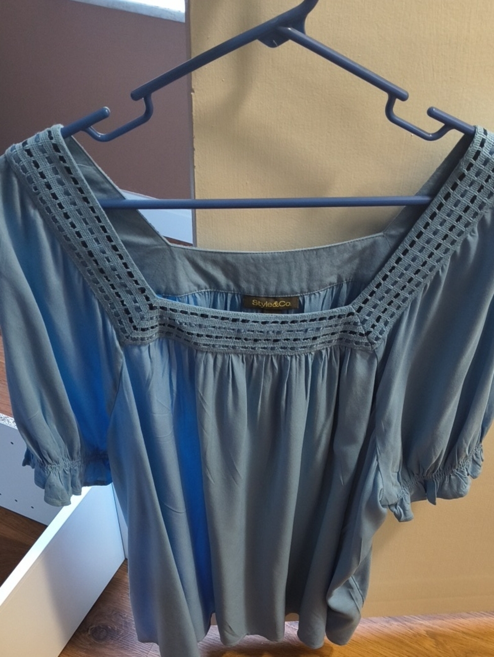 Style & Co. Slate Blue Square-Neck Crochet Trim Peasant Blouse